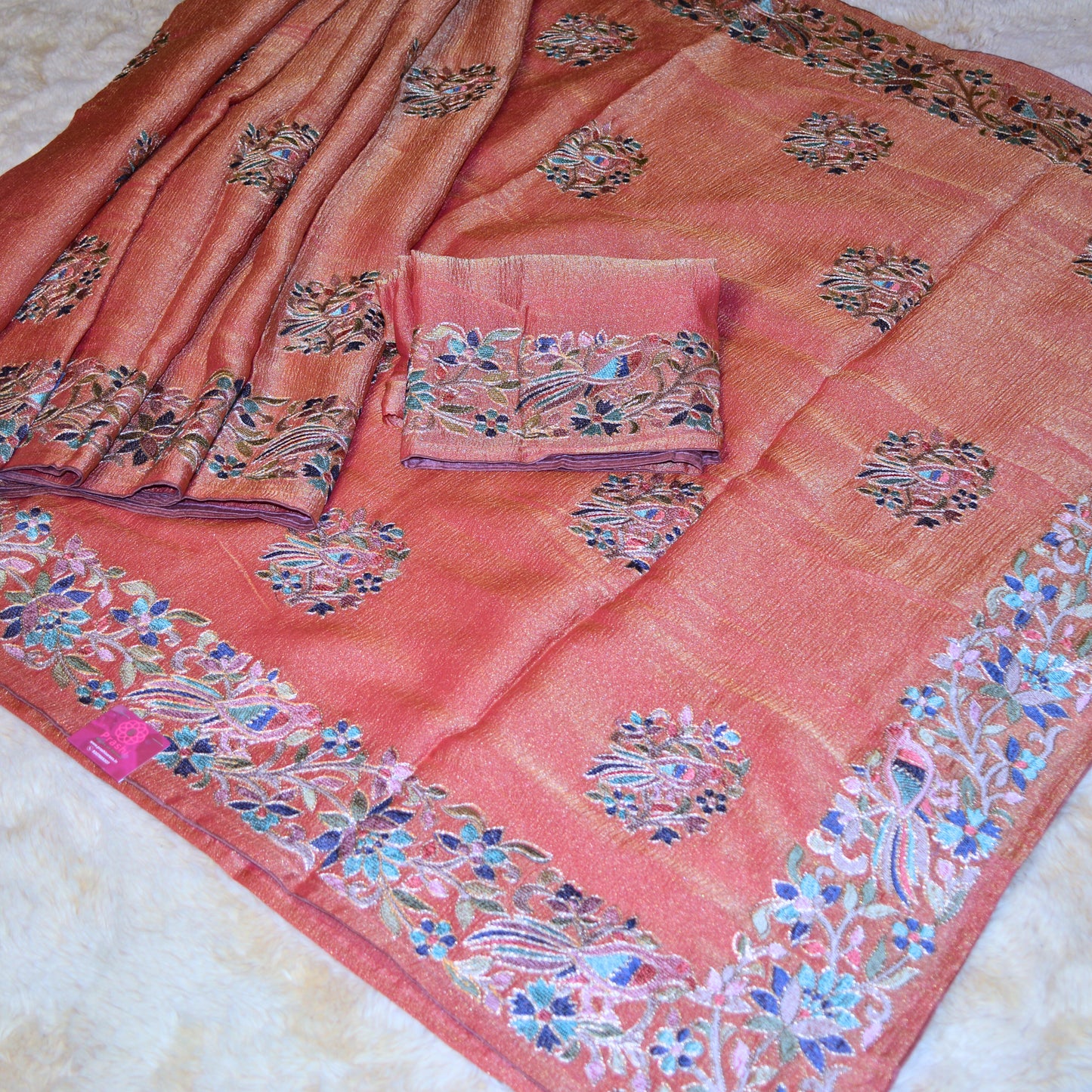 Peach pink crush tissue embroidery saree
