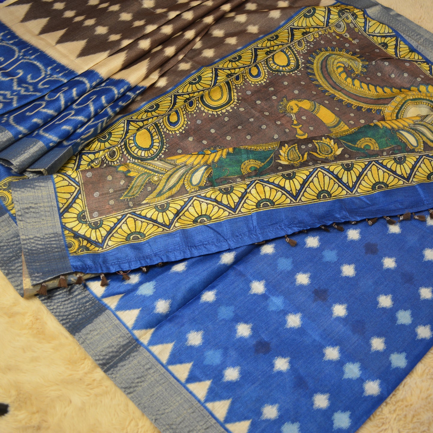 Grey with blue semi tussar ikkat print saree