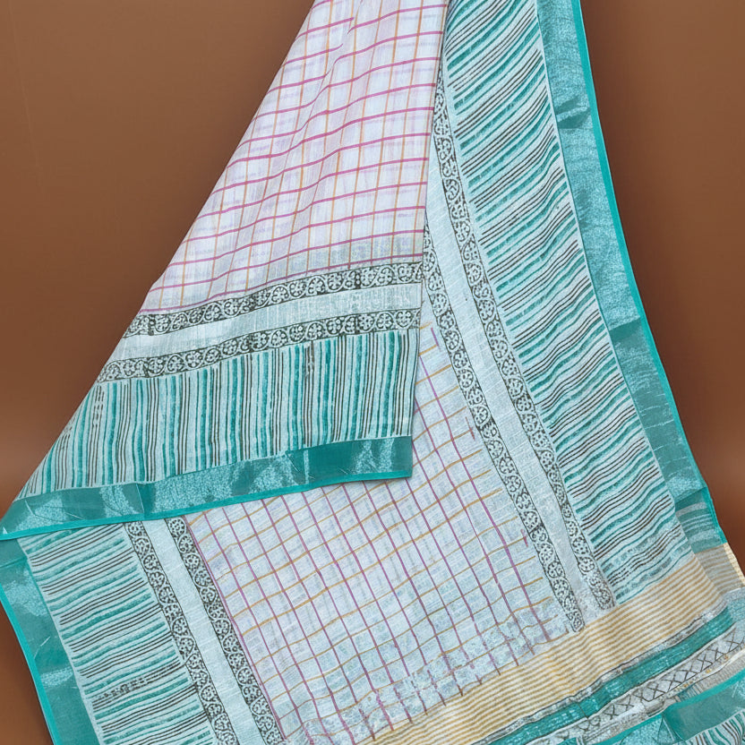 White pure linen handblock printed saree