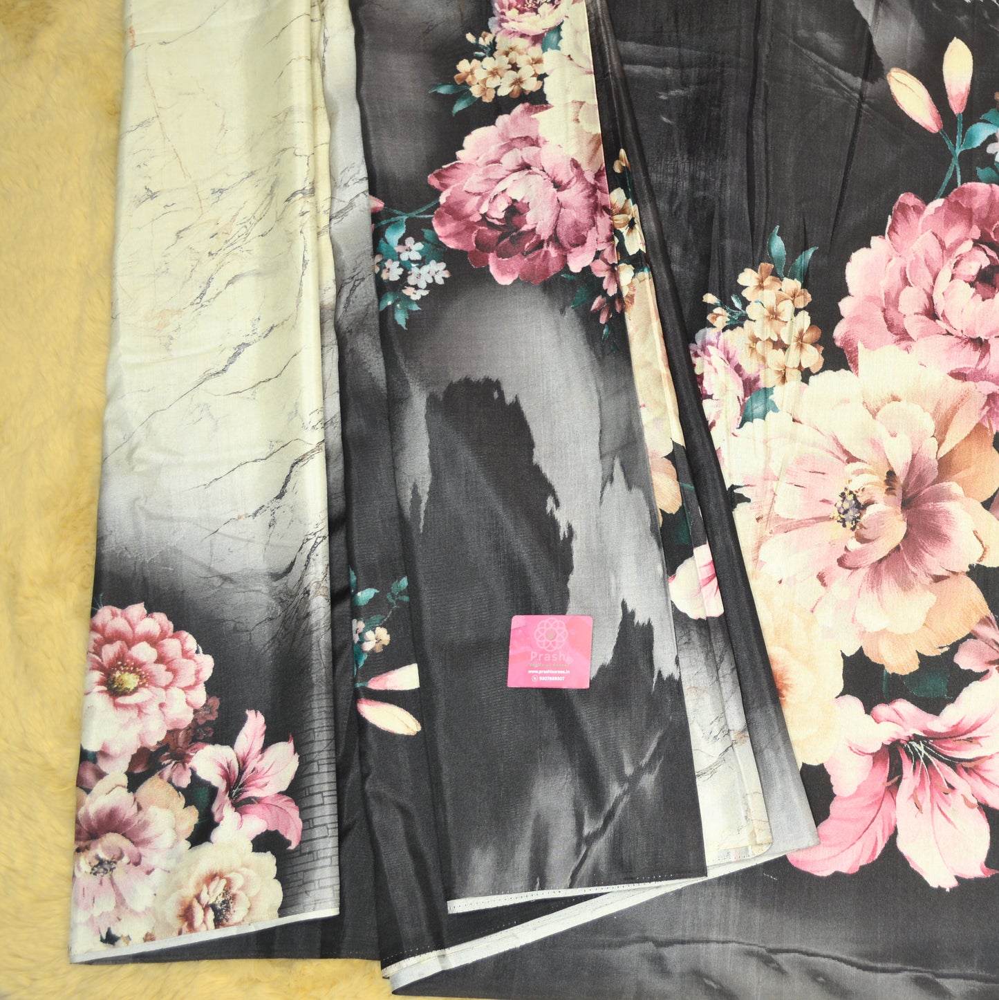 Half-white with black contrast canon silk saree