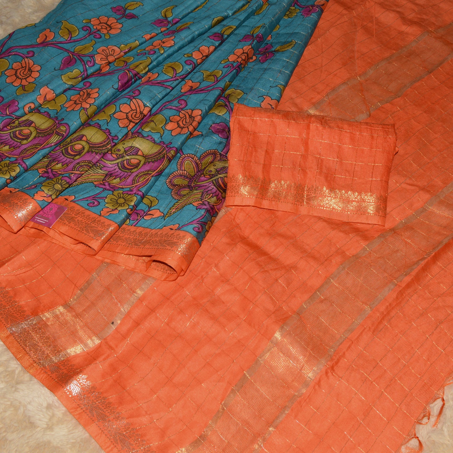 Blue and koria silk floral print border saree orange border