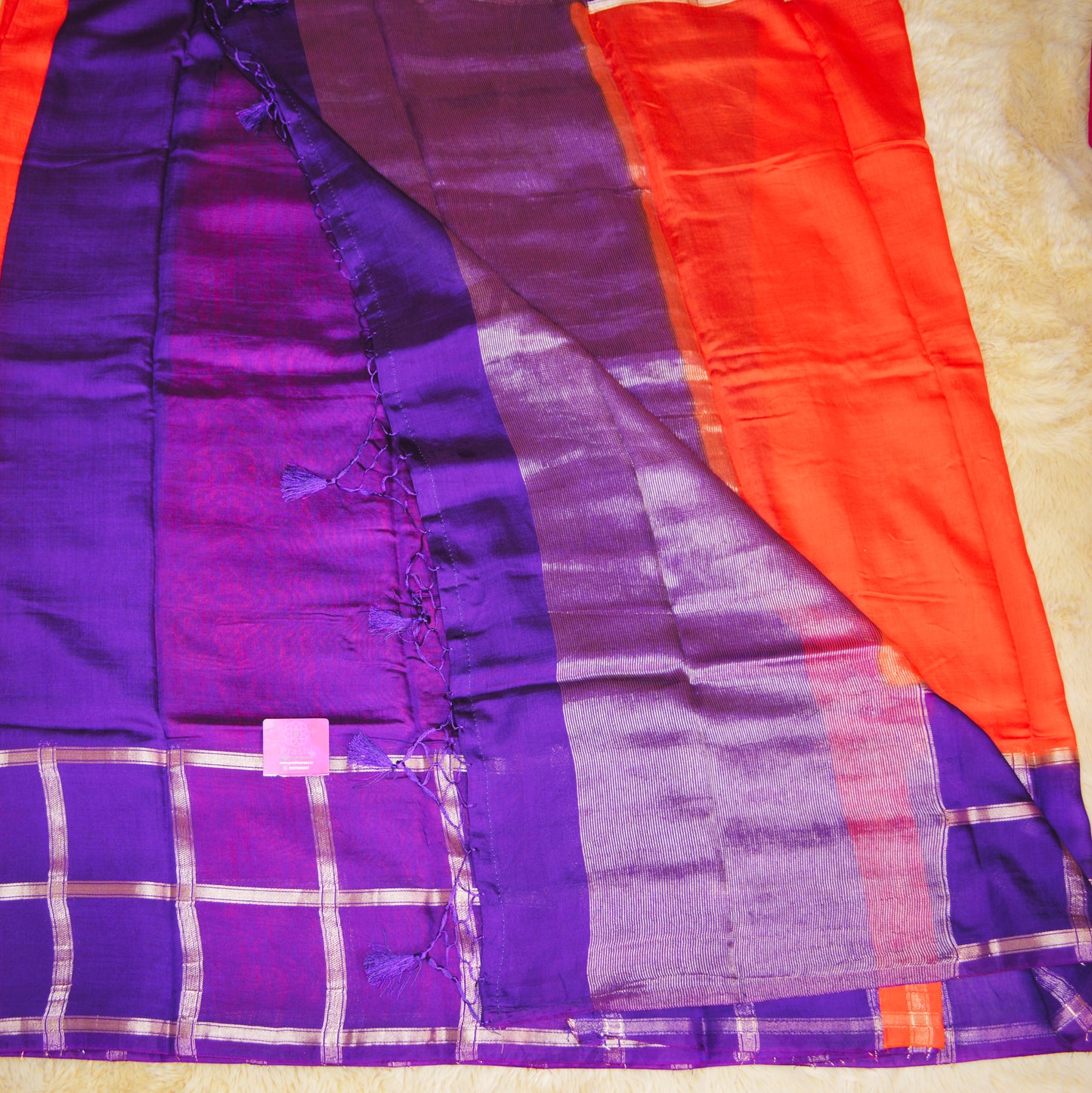 Orange muslin cotton saree with purple contrast