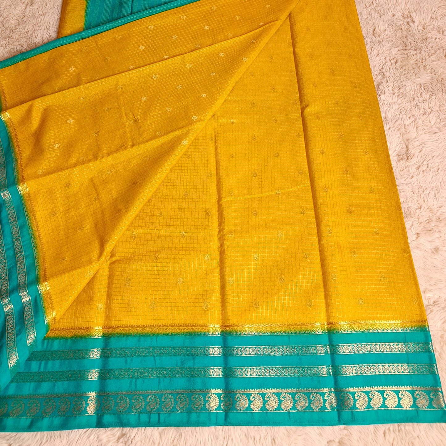 Yellow with rama green semi mysore crepe checks
