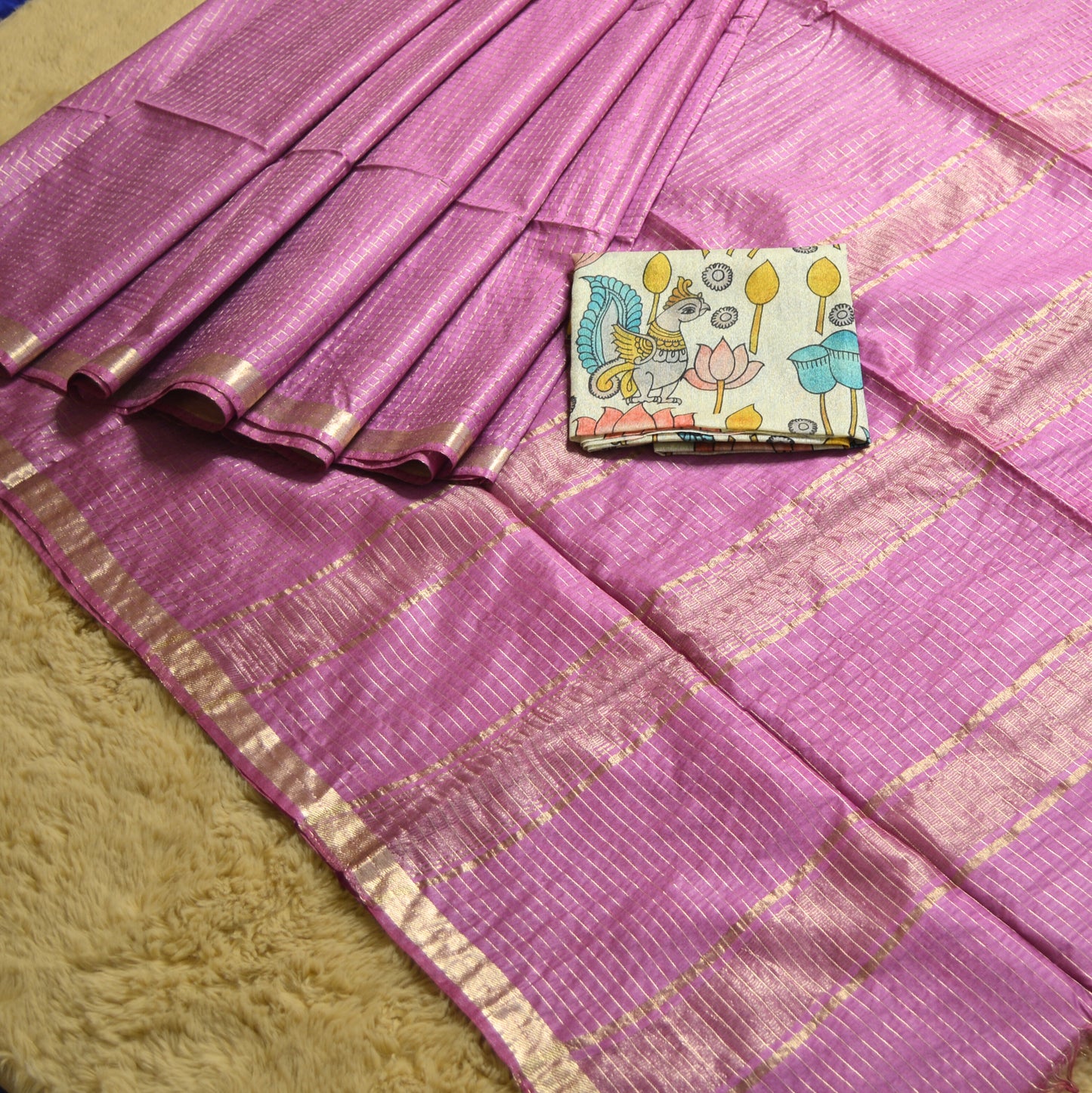 Pink moonga silk kalamkari blouse saree
