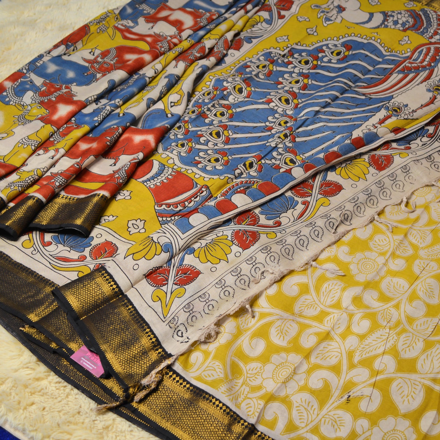 Half-white with multicolour kalamkari silk saree