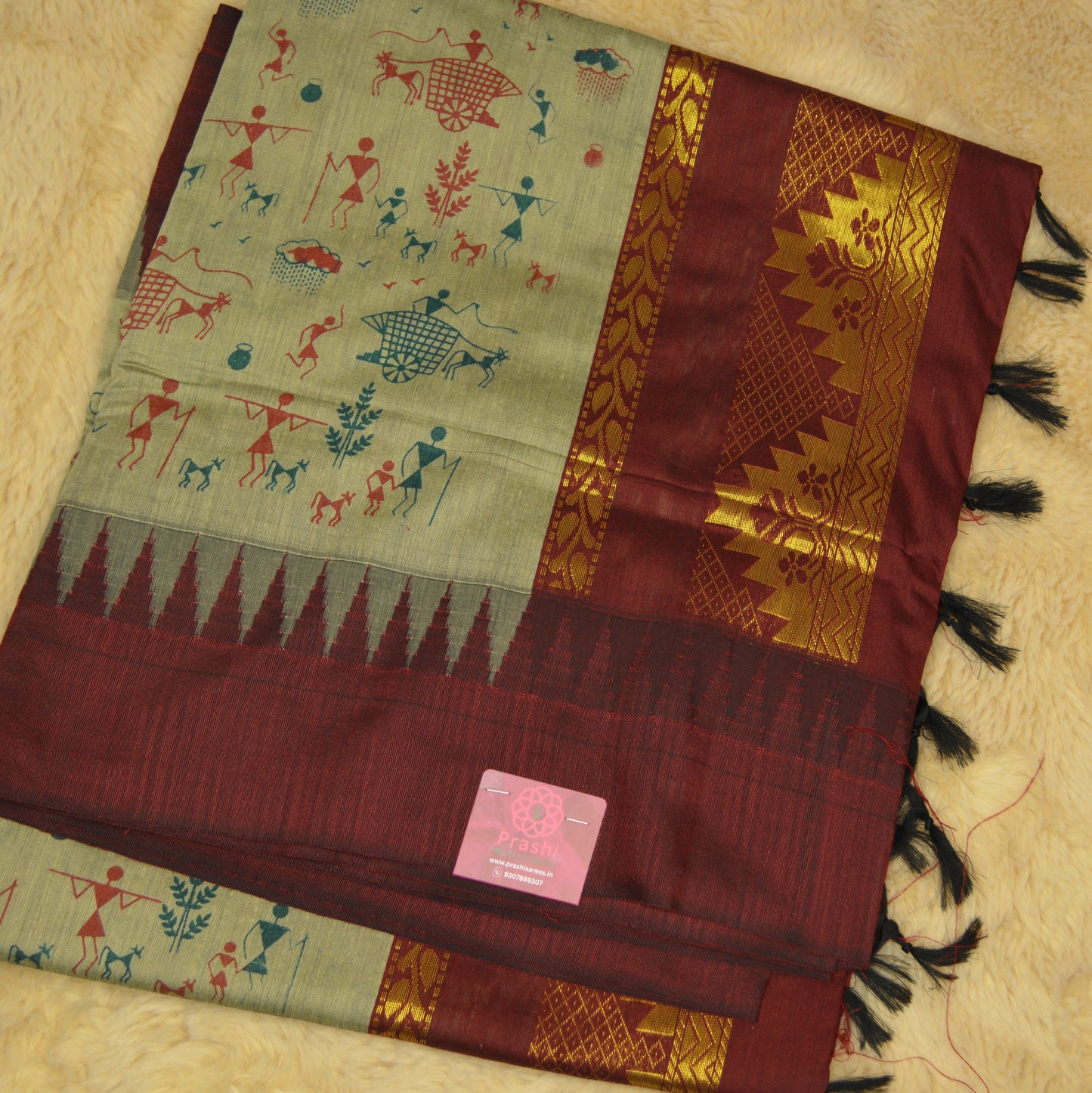 Grey with maroon contrast kalyani cotton digital print saree