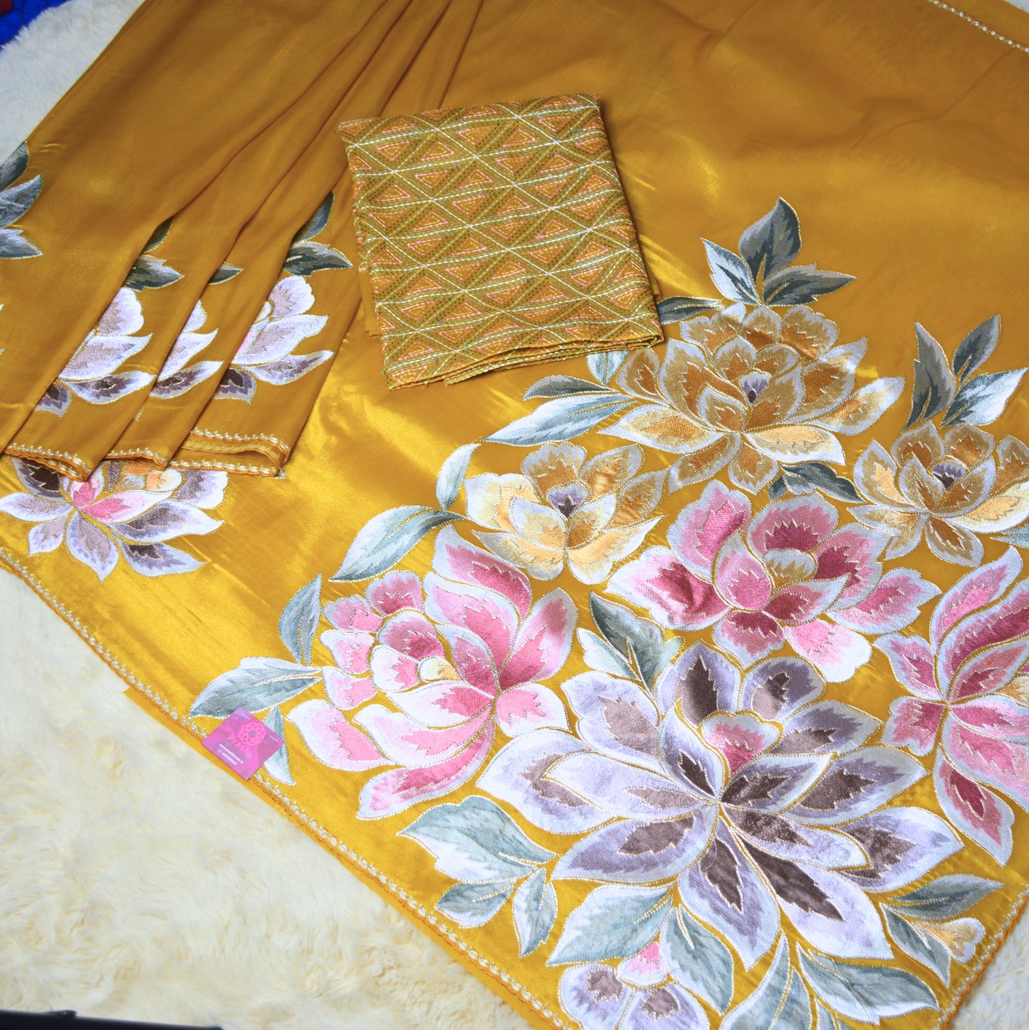 Mustared yellow pure tissue embroidery saree