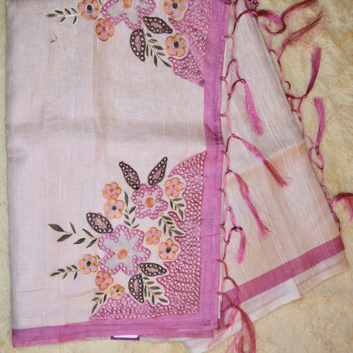 Beige tussar cut work embroidery saree with pink contrast