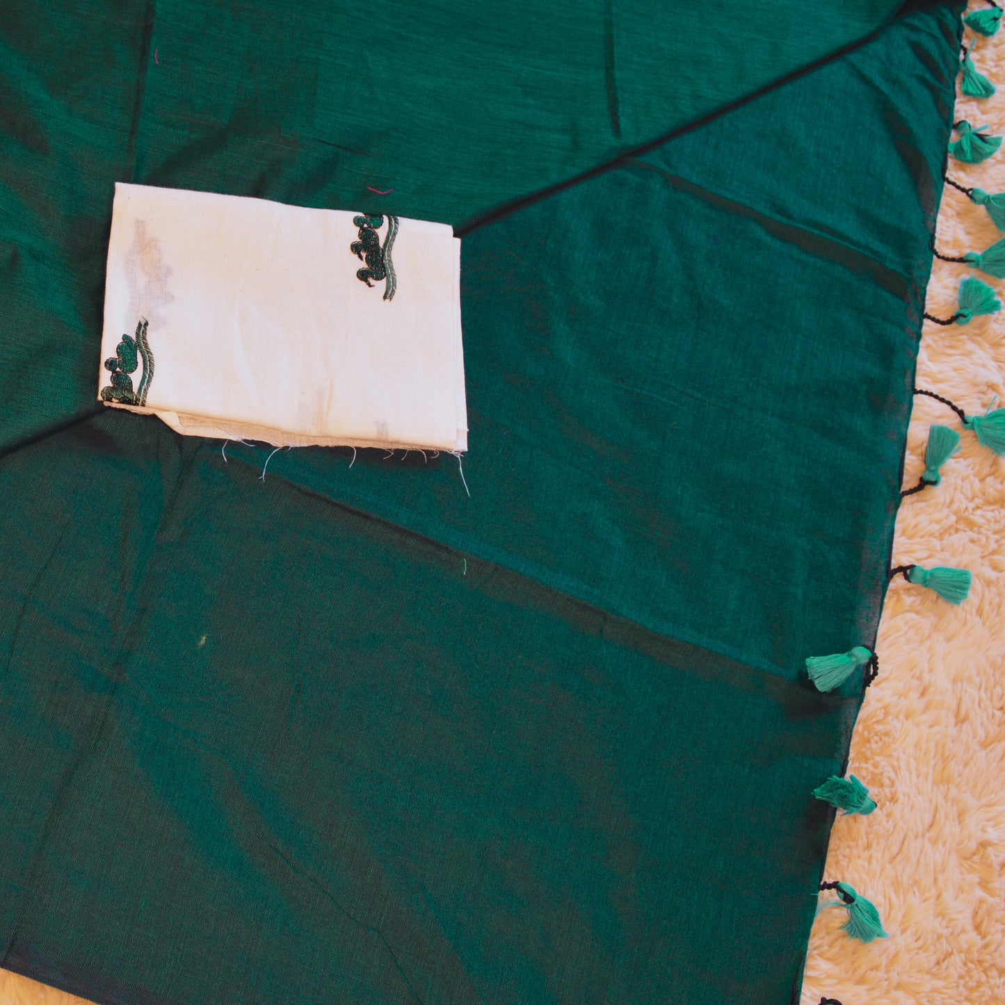 bottle blue khadi cotton saree-kalamkari blouse