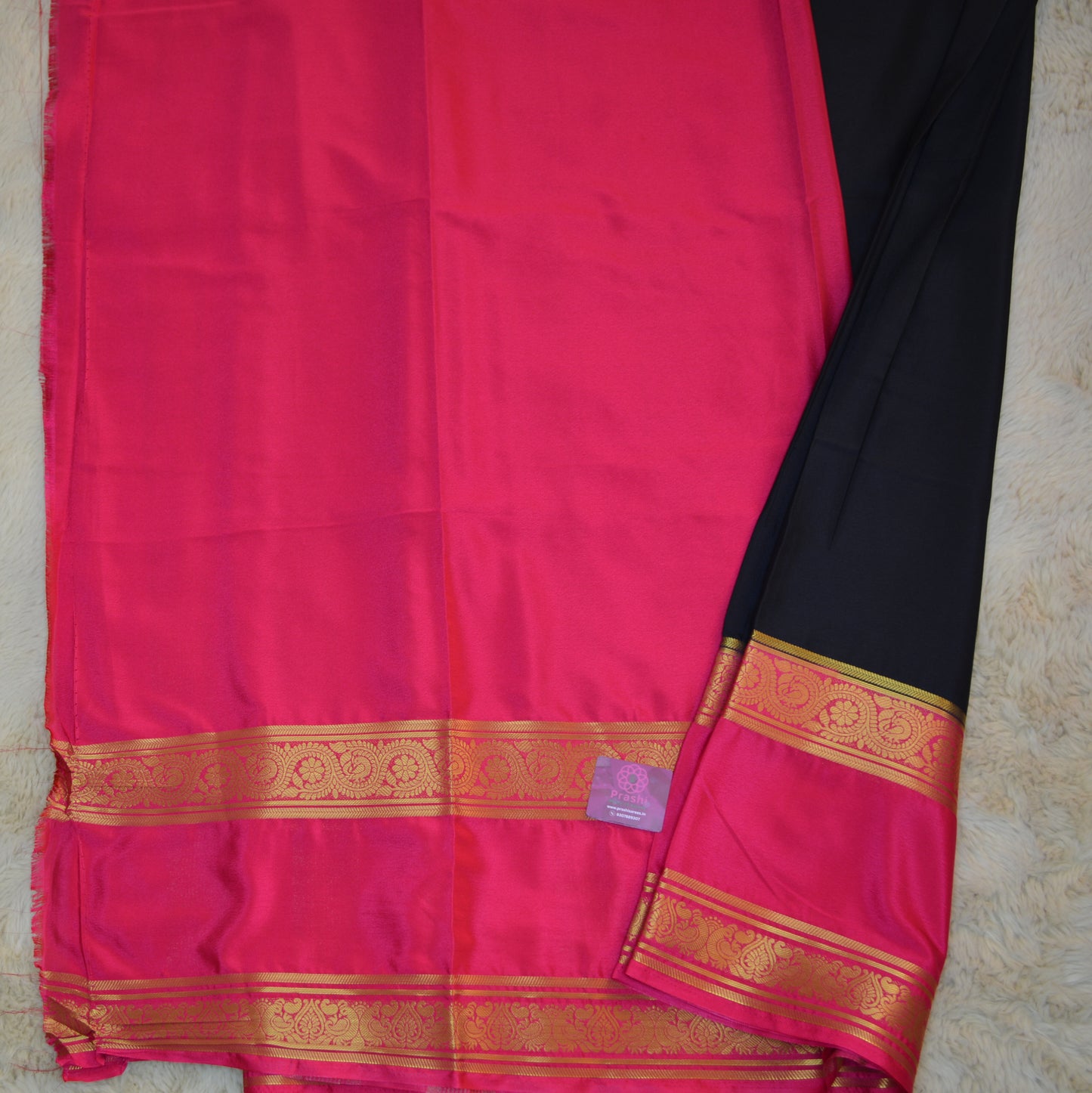 Black with pink semi mysore crepe bentex saree