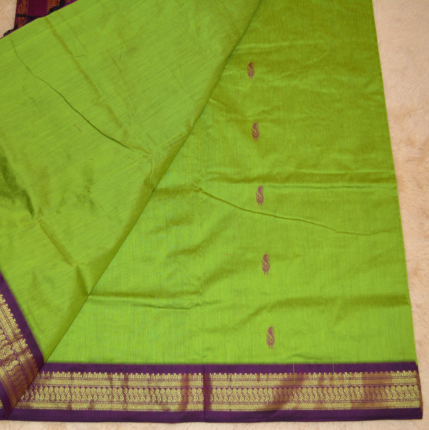 Parrot green and purple handloom cotton saree