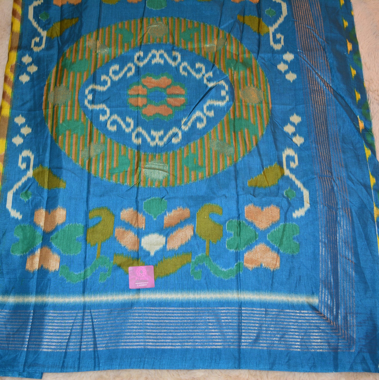 Yellow with blue ikkat semi dola silk saree