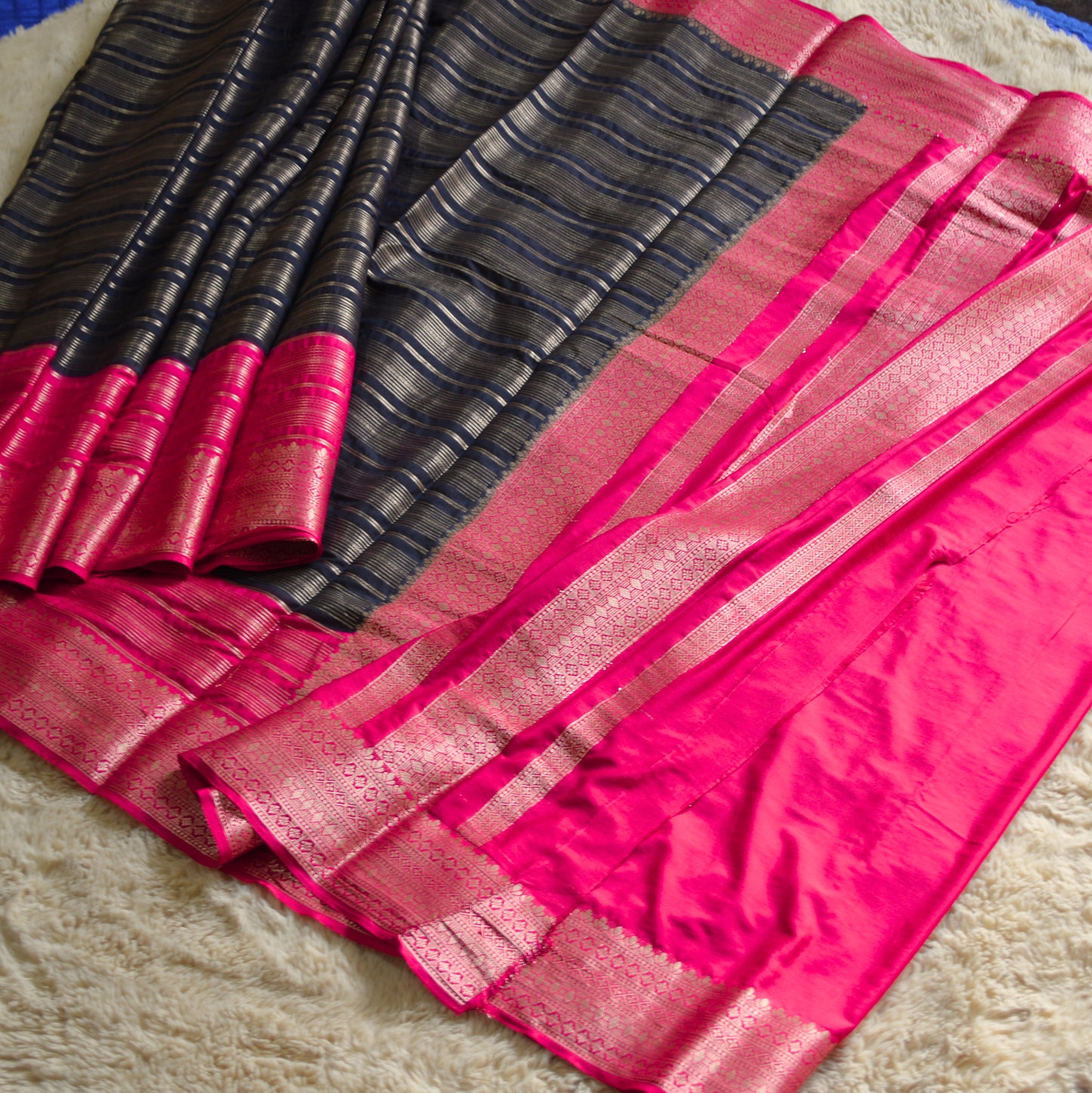 Black and pink semi mysore crepe zari lines