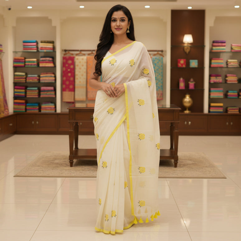 Half-white with yellow mul cotton embroidery saree.