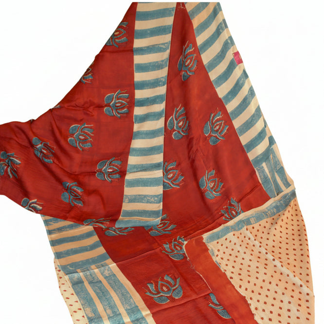 Red Bagru handblock printed pure modal silk saree