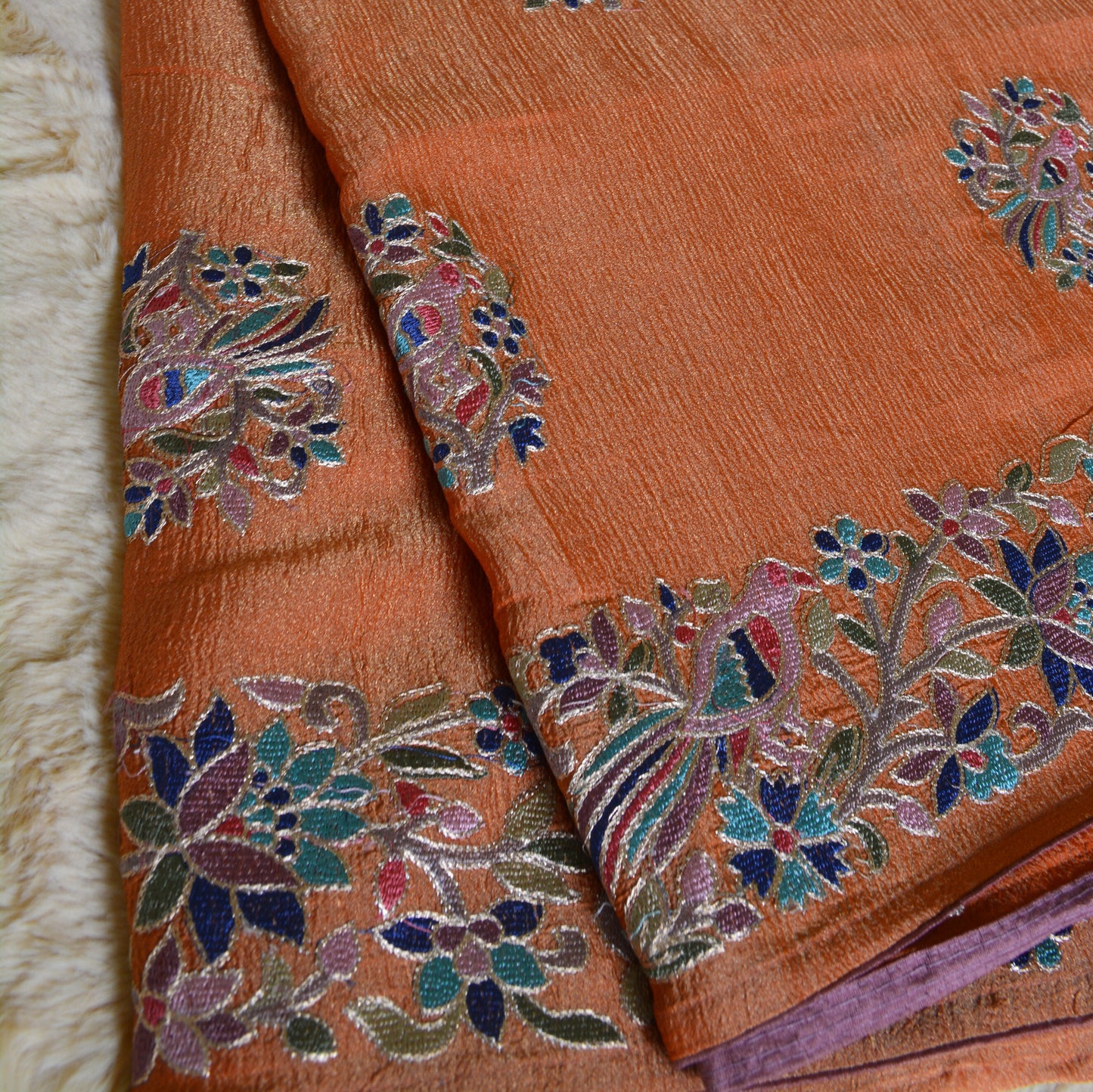 Orange crush tissue embroidery saree
