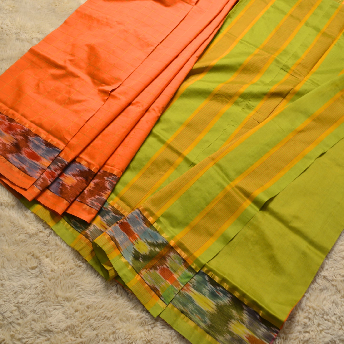 Orange and mahndi green venkatagiri silk cotton checks