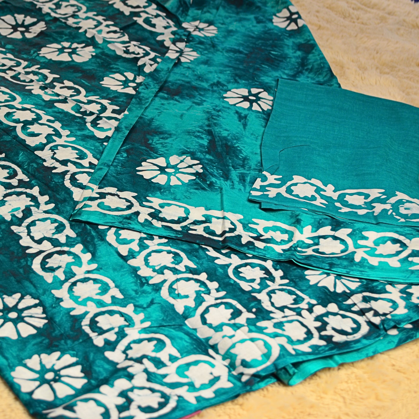 Rama green mul cotton bhatik print saree