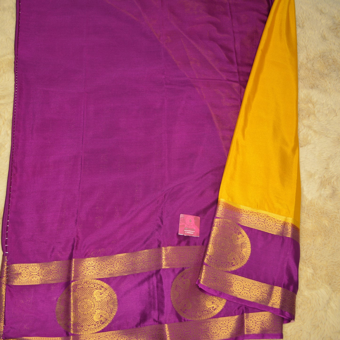 Yellow with magenta semi mysore crepe bentex butta