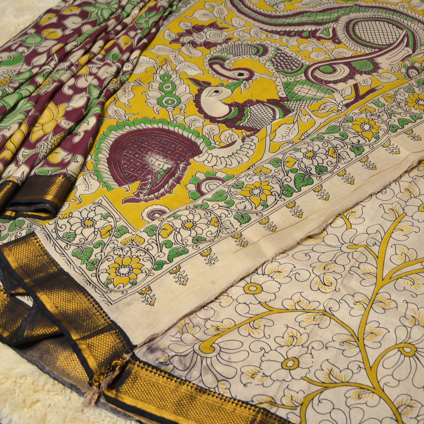 Brown with yellow kalamkari silk saree