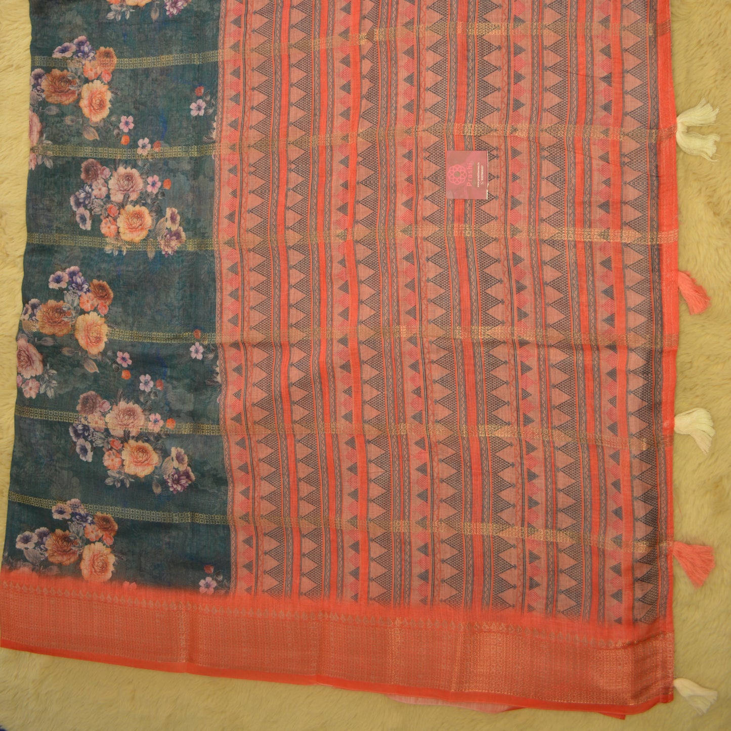 Teal blue digital print cotton blend kalamkari saree