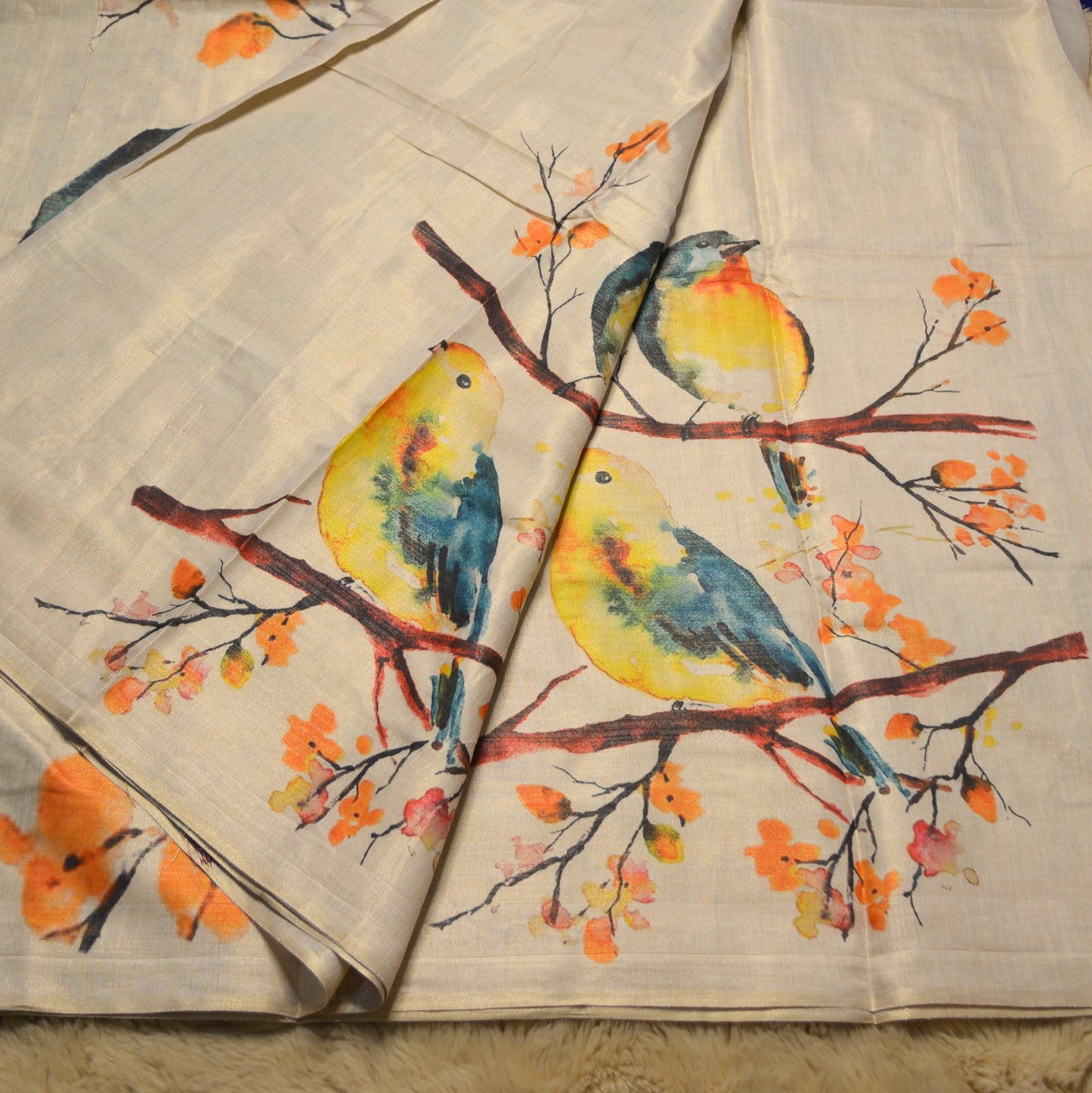 Half White soft tissue saree