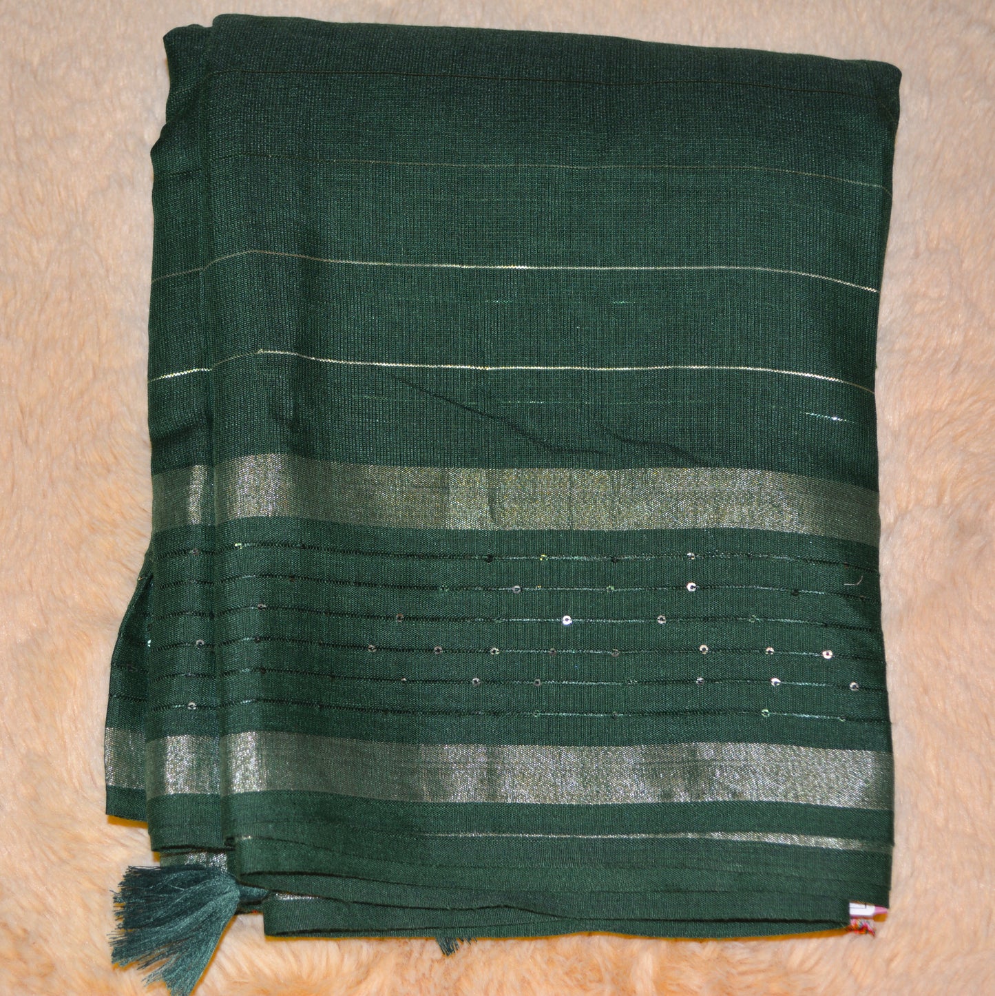 Bottle green sequin work linen saree