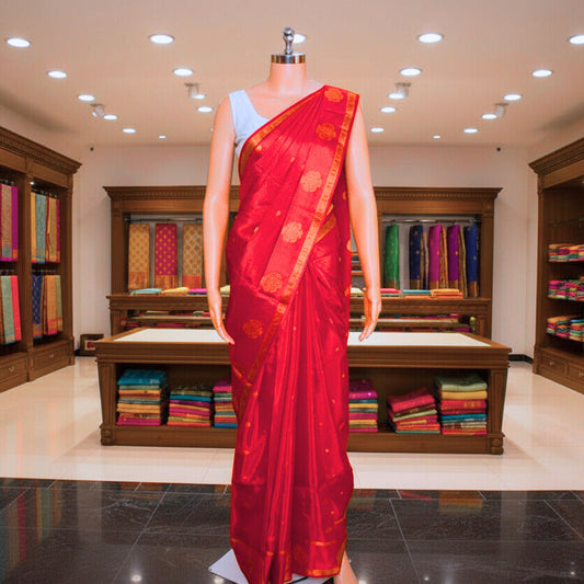 red and half white chinnon butta border saree