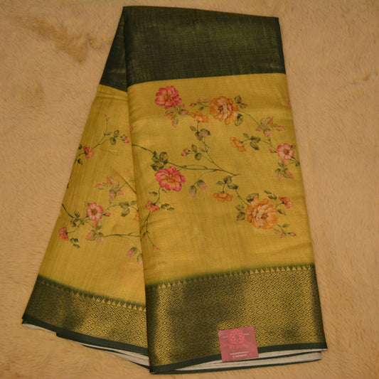 Yellow with green cotton blend kalamkari border