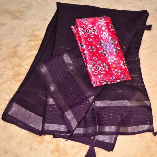 Purple linen sequin work saree