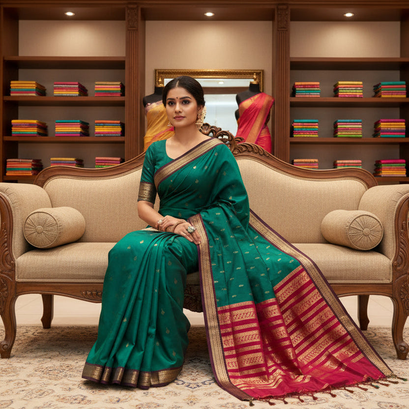 Peacock green and pink handloom kalyani cotton saree