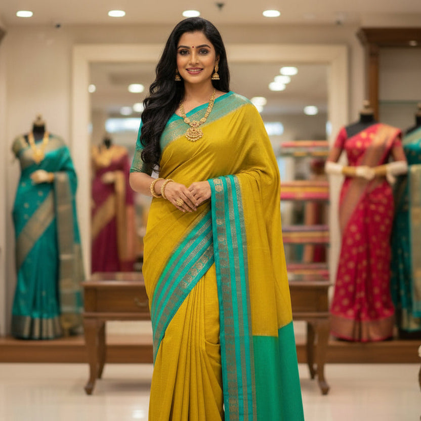 Yellow with rama green semi mysore crepe checks