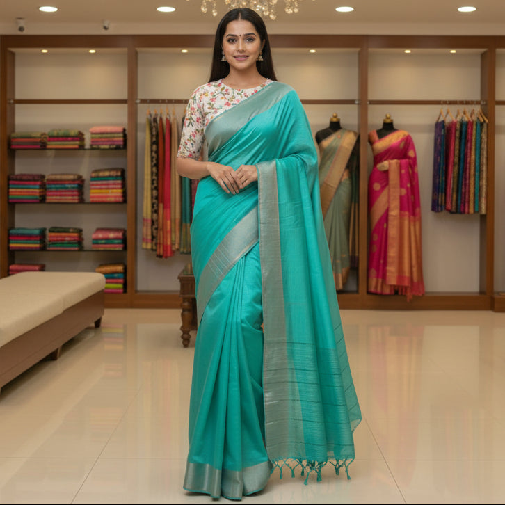 Blue moonga tissue saree with 2 blouses