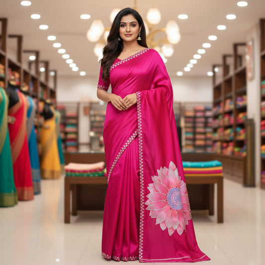 Pink tissue lotus embroidery saree