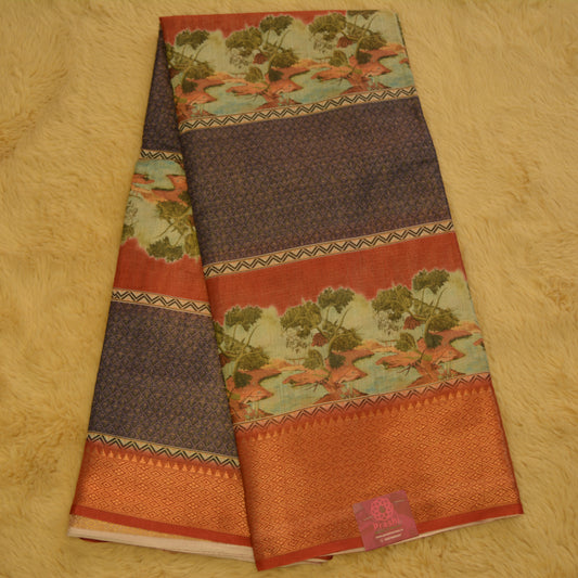 Purple with orange cotton blend kalamkari saree