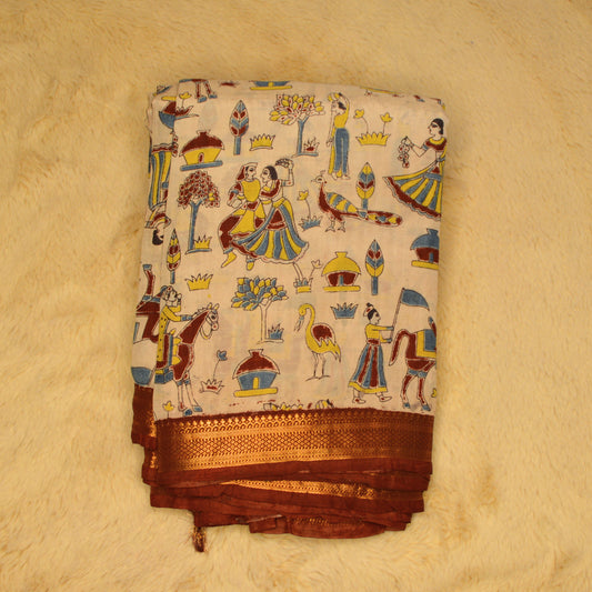 Half-white with red border kalamkari silk saree