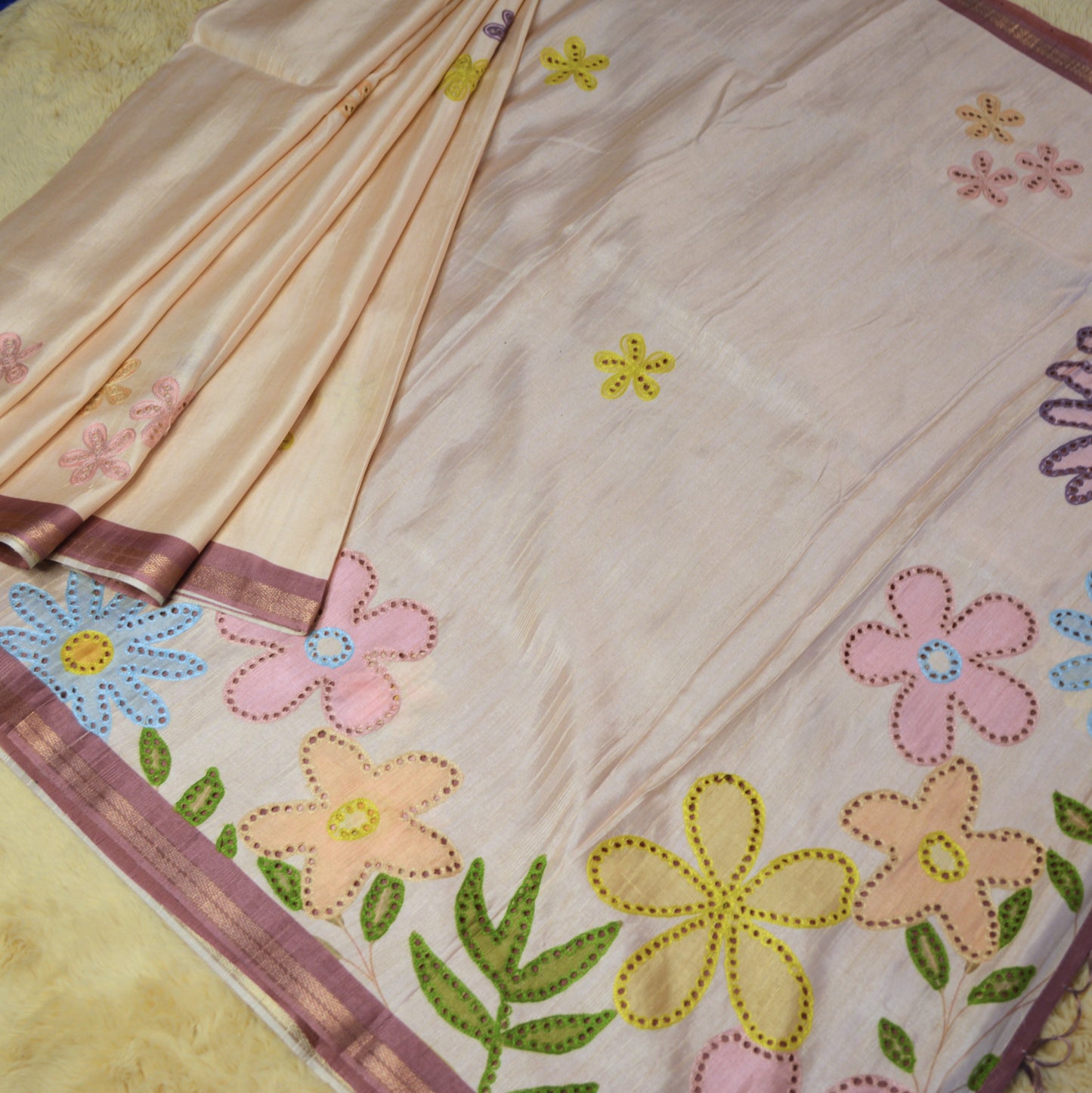 Brown contrast tussar cutwork saree
