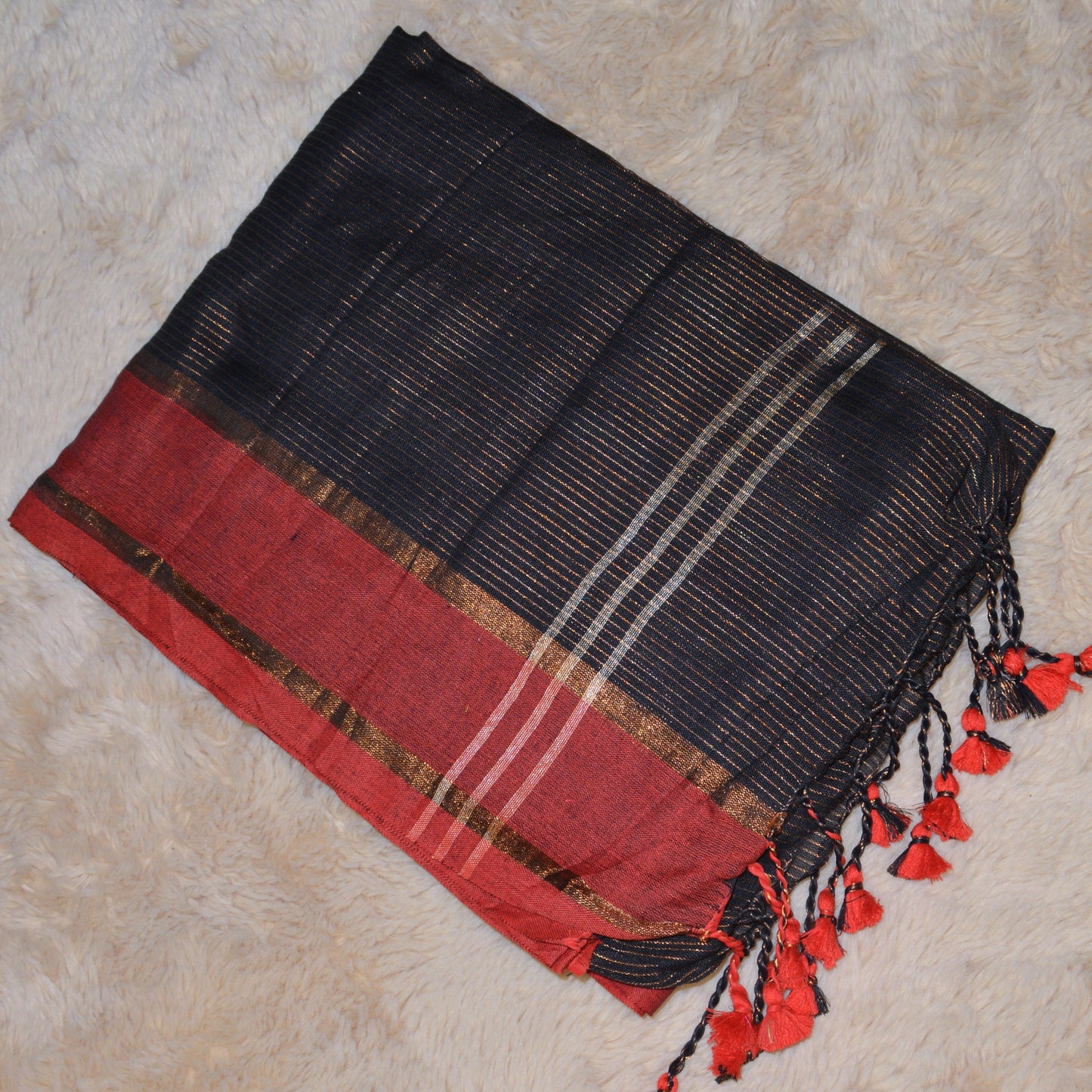 Black with red khadi cotton zari stripes saree
