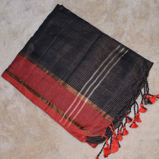 Black with red khadi cotton zari stripes saree