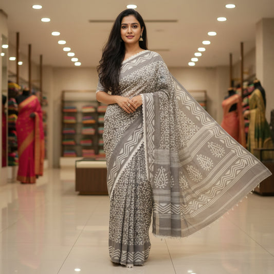 Grey maslin cotton saree