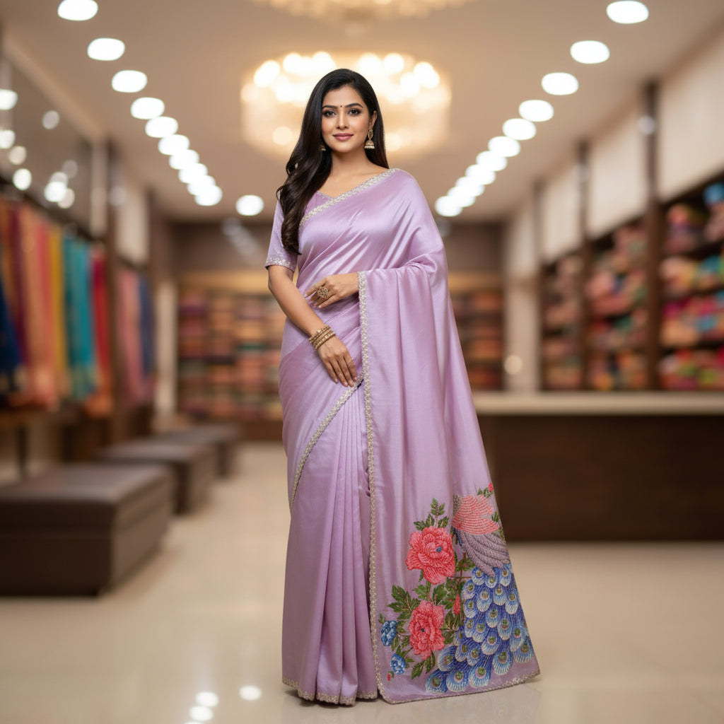 Lavender tissue peacock embroidery saree