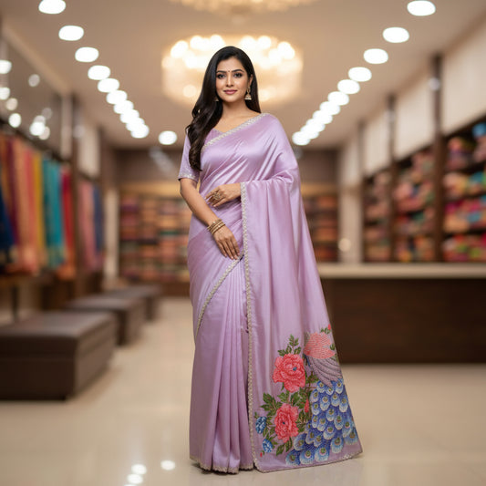 Lavender tissue peacock embroidery saree
