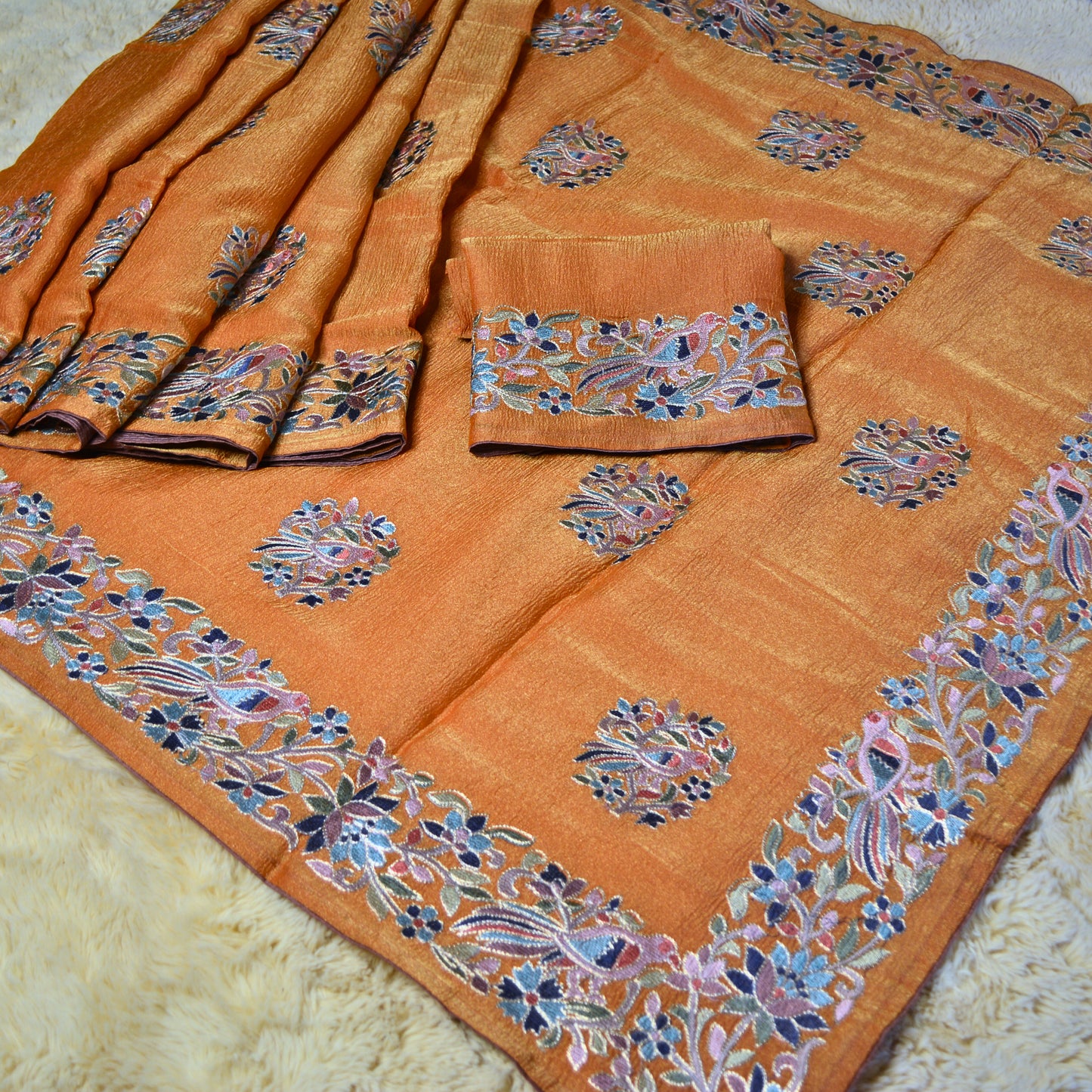 Orange crush tissue embroidery saree