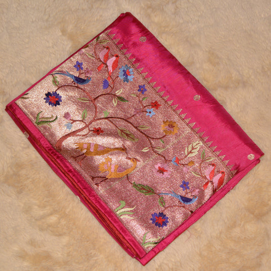 Pink dola silk german silver work saree
