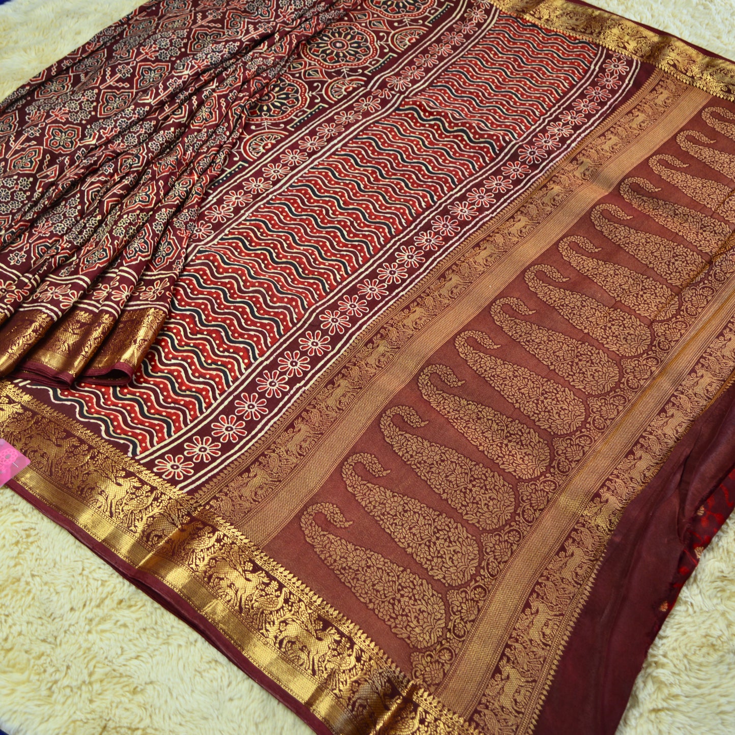 Maroon Dola silk saree with ajrakh handblock print