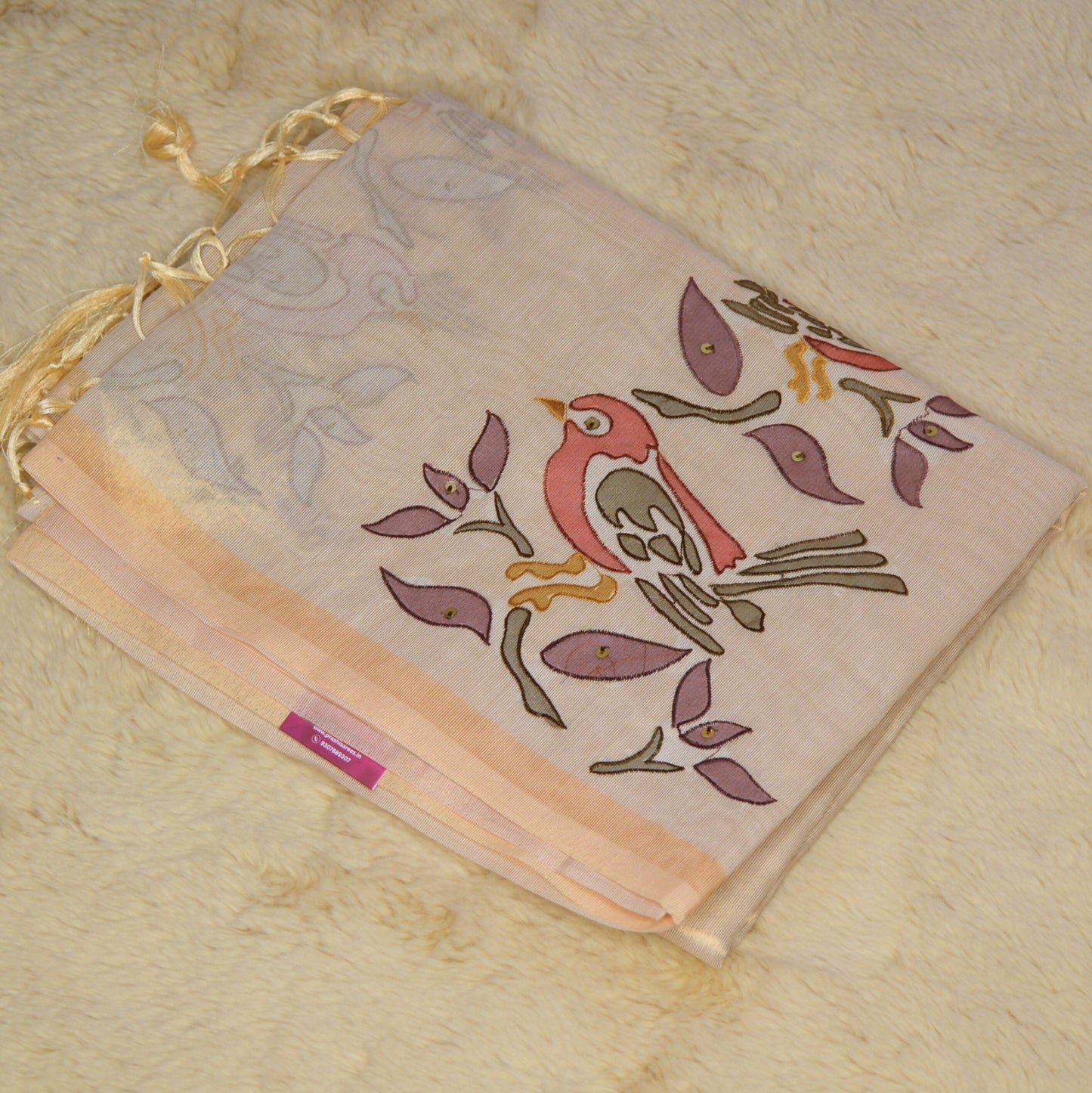 Half white tissue applique work saree