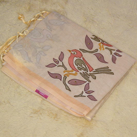Half white tissue applique work saree