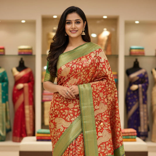 Brick red with green patola saree