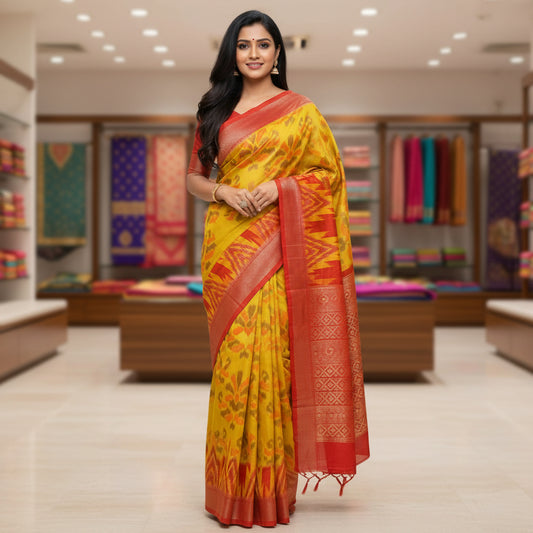 Yellow ikkat design semi dola silk saree