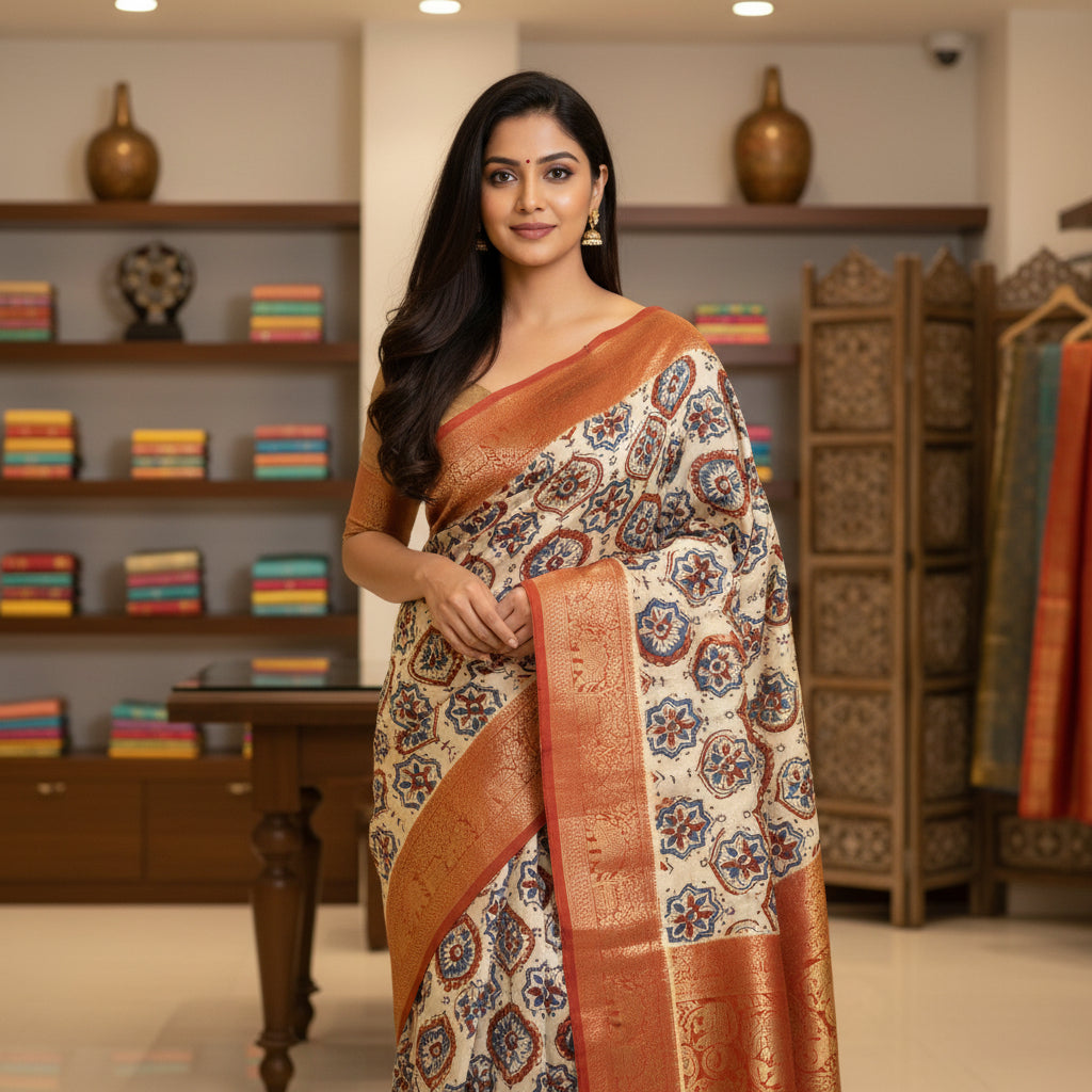 Cream dola silk saree with ajrakh handblock print